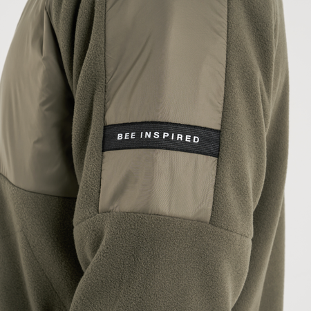 Bee Inspired Hart Zip Through in Khaki, relaxed fit zip-through fleece with cut and sew panelling, back view