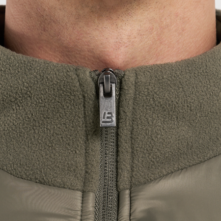 Bee Inspired Hart Zip Through in Khaki, relaxed fit zip-through fleece with cut and sew panelling, close-up