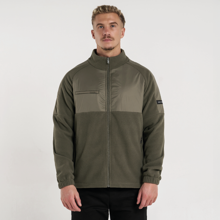 Bee Inspired Hart Zip Through in Khaki, relaxed fit zip-through fleece with cut and sew panelling, front view