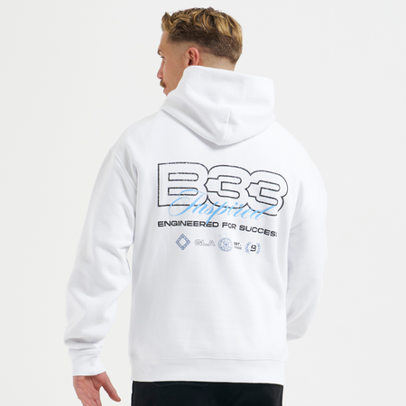 Bee Inspired Icardi Hoodie in White, relaxed fit hoodie with stretch cuffs and a B33 graphic, front view