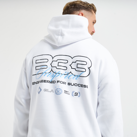 Bee Inspired Icardi Hoodie in White, relaxed fit hoodie with stretch cuffs and a B33 graphic, alternate angle