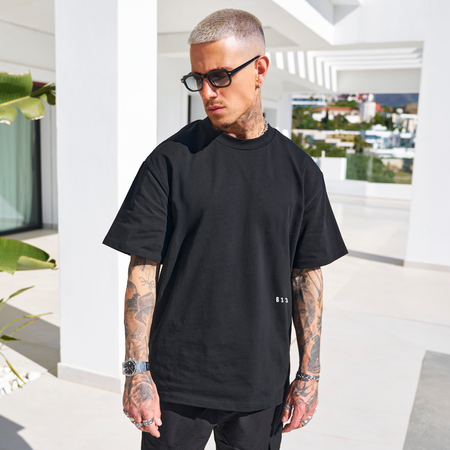 Bee Inspired Initial T-Shirt in Black, regular fit tee, part of the B33 Foundations range, front view