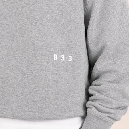 Bee Inspired Junior Initial Crew in Grey, relaxed fit junior crew sweatshirt, close-up