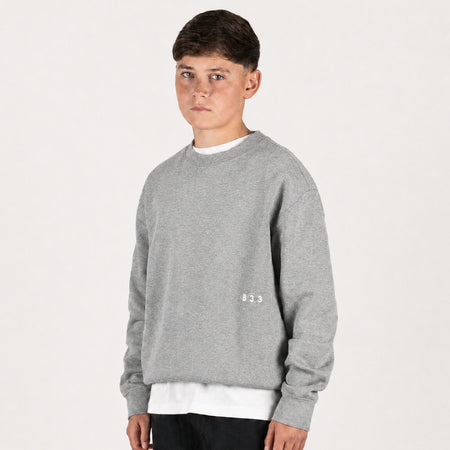 Bee Inspired Junior Initial Crew in Grey, relaxed fit junior crew sweatshirt, front view