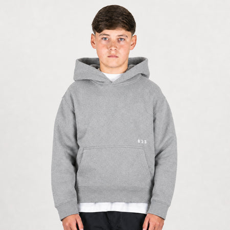 Bee Inspired Junior Initial Hoodie in Grey, relaxed fit junior hoodie, front view