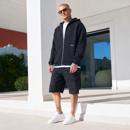 Bee Inspired Initial Zip Hoodie in Black, relaxed fit zip hoodie, part of the B33 Foundations range, styled shot
