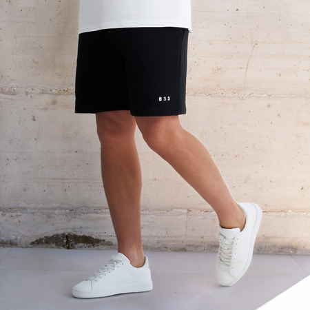 Bee Inspired Initial Short in Black, relaxed fit shorts, part of the B33 Foundations range, front view