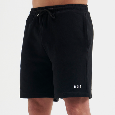 Bee Inspired Initial Short in Black, relaxed fit shorts, part of the B33 Foundations range, close-up
