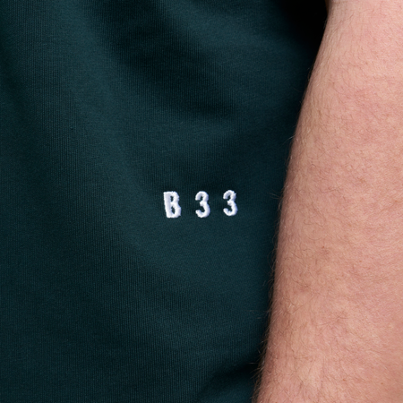 Bee Inspired Initial T-Shirt in Pine Green, regular fit tee, part of the B33 Foundations range, close-up