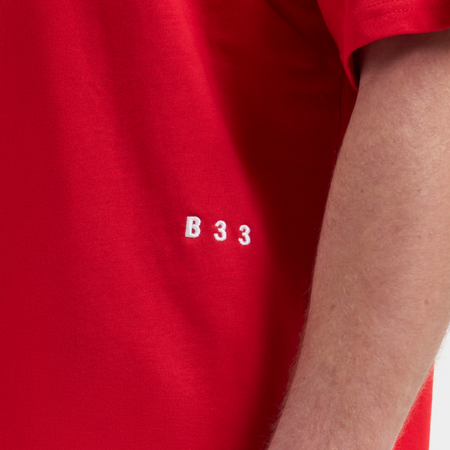 Bee Inspired Initial T-Shirt in Red, regular fit tee, part of the B33 Foundations range, close-up