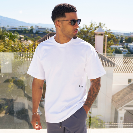 Bee Inspired Initial T-Shirt in White, regular fit tee, part of the B33 Foundations range, front view
