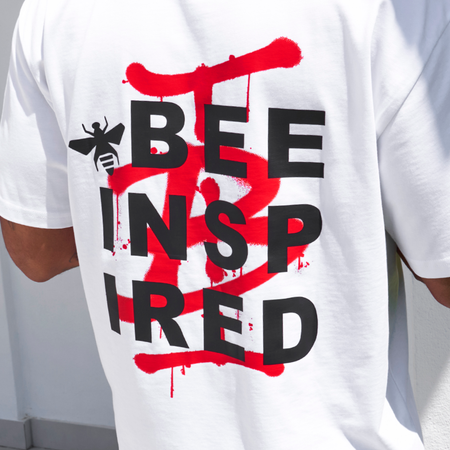 Bee Inspired Inzaghi Oversized T-Shirt in White/Red, oversized tee with graffiti-style BI branding on chest and back
