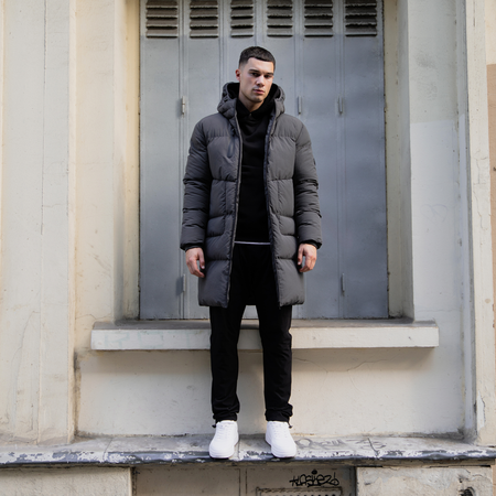 Bee Inspired Villar Longline Jacket in Charcoal, longline puffer jacket for winter warmth, styled lifestyle shot