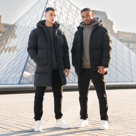 Bee Inspired Villar Longline Jacket in Charcoal, longline puffer jacket for winter warmth, styled lifestyle shot