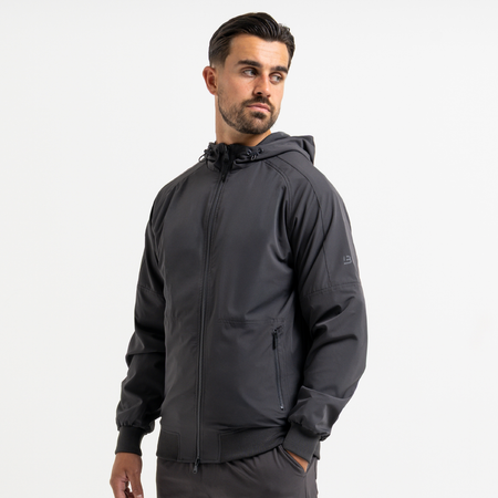 Bee Inspired Juranovic Jacket in Charcoal, lightweight jacket with adjustable hood and neckline toggles, front view