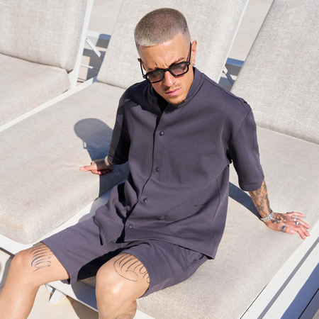Bee Inspired Kawashima Shirt in Charcoal, ribbed cotton shirt with a smart-casual finish, alternate angle