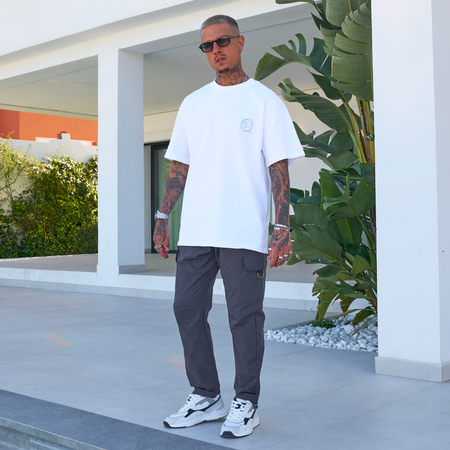 Bee Inspired Kimmich Oversized T-Shirt in White, heavyweight oversized tee with dropped shoulders, styled shot