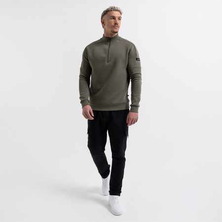 Bee Inspired Klose 1/4 Zip in Khaki, slim fit quarter-zip with stretch cuffs and hem, styled shot