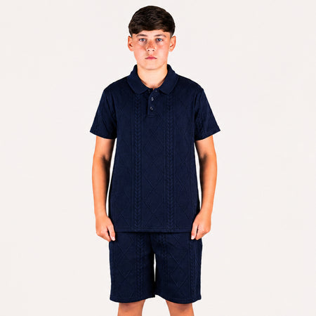 Bee Inspired Junior Konsa Twin Set in Navy, matching polo shirt and shorts twin set in lightweight cotton, front view