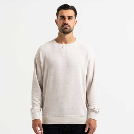 Bee Inspired Lavia Crew in Oatmeal Marl, relaxed fit crew sweatshirt with an overlap collar, front view