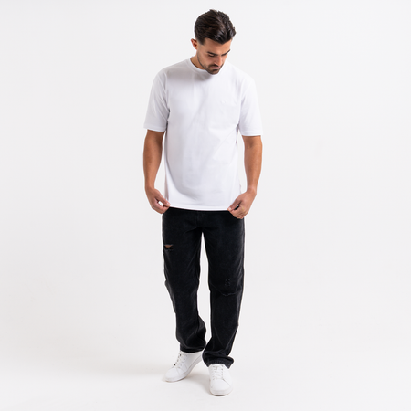 Bee Inspired Legacy T-Shirt in White, slim fit tee with subtle bee embroidery, styled shot