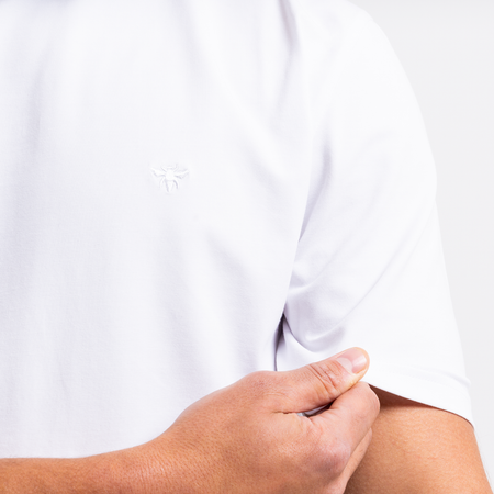 Bee Inspired Legacy T-Shirt in White, slim fit tee with subtle bee embroidery, back view