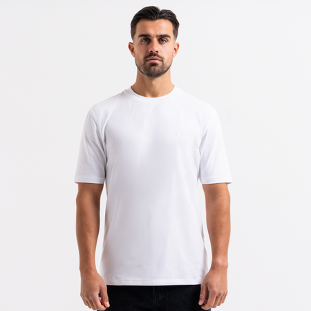 Bee Inspired Legacy T-Shirt in White, slim fit tee with subtle bee embroidery, front view
