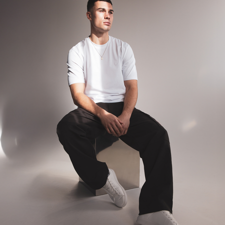 Bee Inspired Legacy T-Shirt in White, slim fit tee with subtle bee embroidery, front view