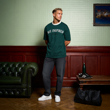 Bee Inspired Willock T-Shirt in Green, relaxed fit tee with a collegiate-inspired graphic, styled lifestyle shot