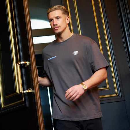 Bee Inspired Scholes T-Shirt in Magnet, relaxed fit tee with a straight hem in 100% cotton, styled lifestyle shot