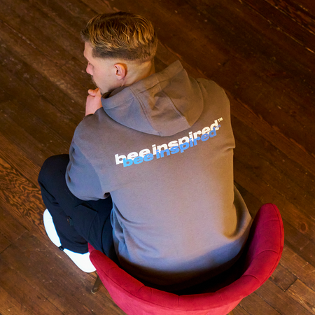 Bee Inspired Scholes Hoodie in Magnet, relaxed fit hoodie with stretch cuffs and hem, styled lifestyle shot