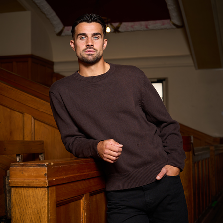 Bee Inspired Conti Sweater in Coffee, relaxed fit premium knitwear sweater, styled lifestyle shot