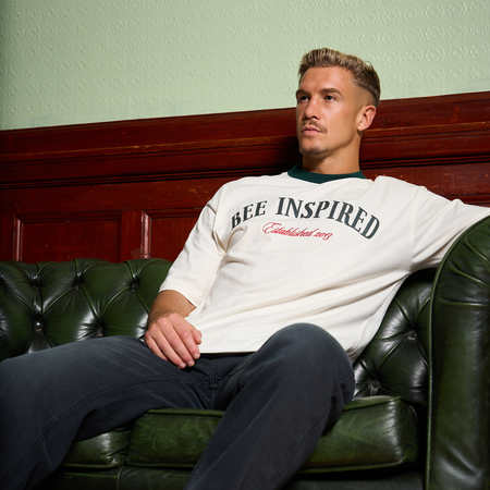 Bee Inspired Willock T-Shirt in Off-White, relaxed fit tee with a collegiate-inspired graphic, styled lifestyle shot
