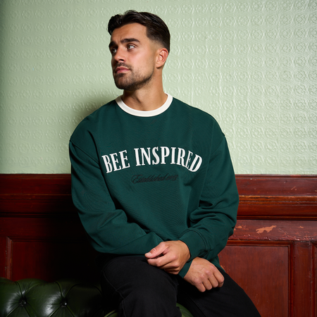 Bee Inspired Willock Crew in Green, relaxed fit crew sweatshirt with a collegiate look, styled lifestyle shot