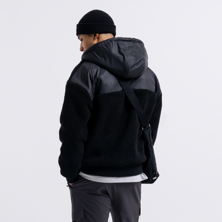 Bee Inspired Marchetti 1/4 Zip in Black, relaxed fit hooded fleece quarter-zip with panelled detailing, styled shot