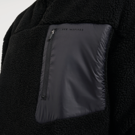 Bee Inspired Marchetti 1/4 Zip in Black, relaxed fit hooded fleece quarter-zip with panelled detailing, back view