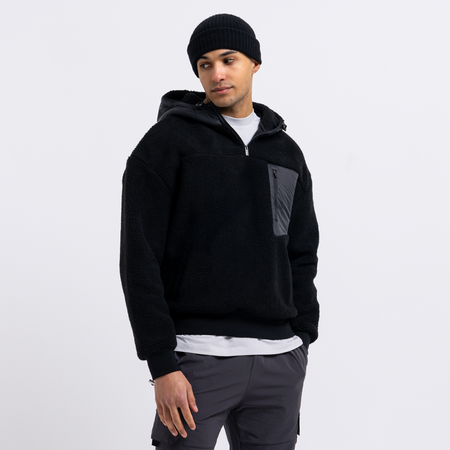 Bee Inspired Marchetti 1/4 Zip in Black, relaxed fit hooded fleece quarter-zip with panelled detailing, front view