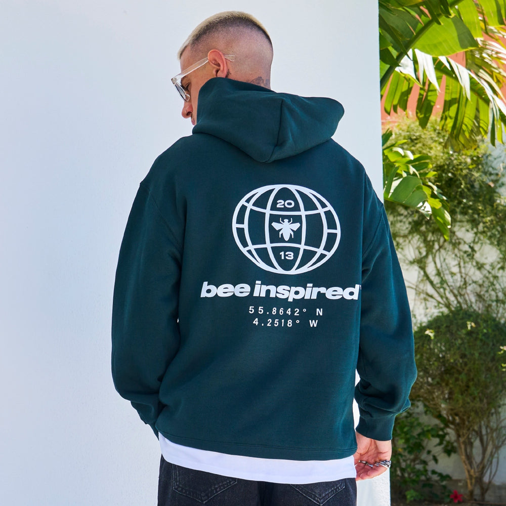 Bee Inspired Mata Hoodie in pine green, oversized fit with Bee Inspired rear artwork