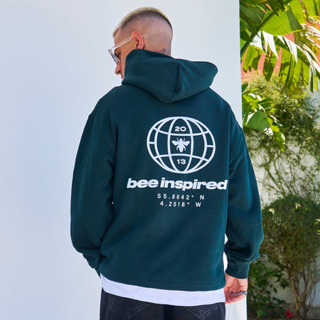 Bee Inspired Mata Hoodie in pine green, oversized fit with Bee Inspired rear artwork