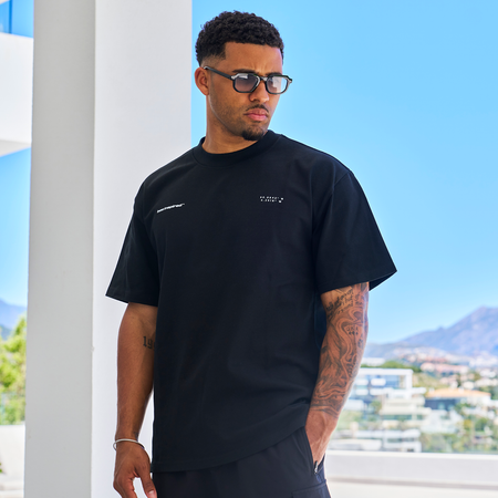 Bee Inspired Mata Oversized T-Shirt in Black, oversized tee with a bold rear graphic print, close-up