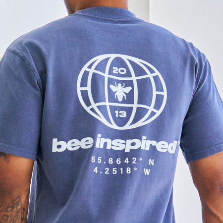 Bee Inspired Mata Oversized T-Shirt in Faded Indigo, oversized tee with a bold rear graphic print, back view