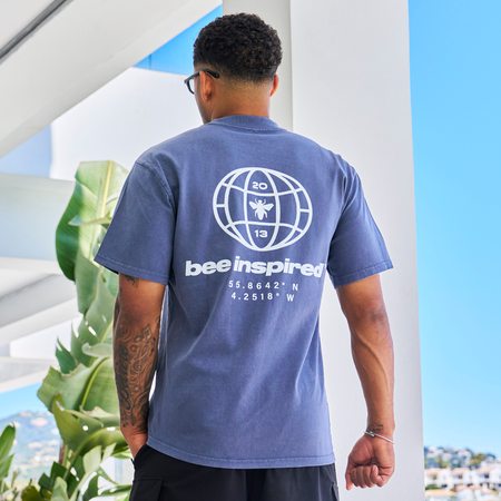 Bee Inspired Mata Oversized T-Shirt in Faded Indigo, oversized tee with a bold rear graphic print, front view