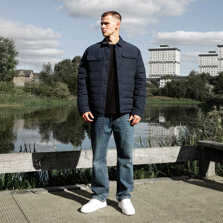 Bee Inspired Siegrist Jacket in Navy, collared padded jacket with a snap fastener closure, styled lifestyle shot