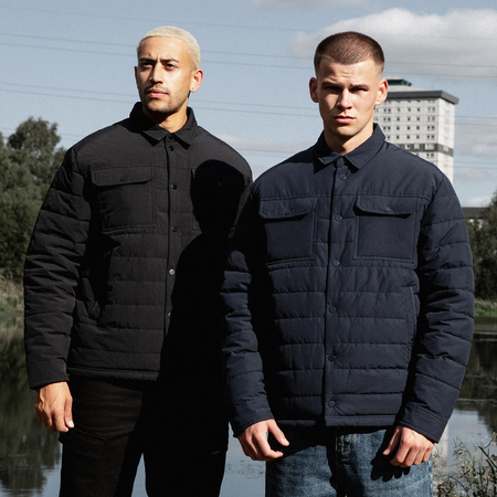 Bee Inspired Siegrist Jacket in Black, collared padded jacket with a snap fastener closure, styled lifestyle shot