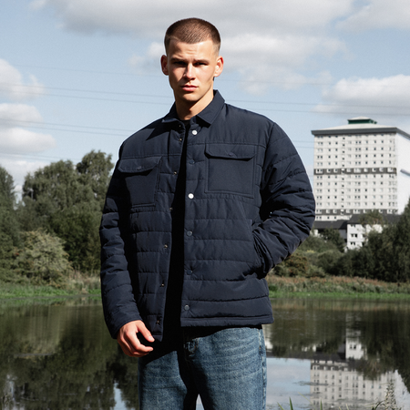 Bee Inspired Siegrist Jacket in Navy, collared padded jacket with a snap fastener closure, styled lifestyle shot