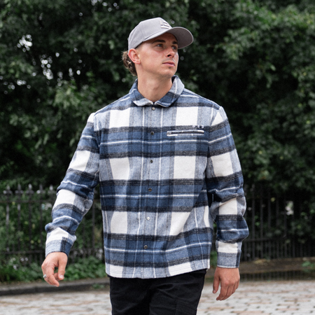 Bee Inspired Porteous Overshirt in Blue/White, brushed check overshirt with a zip chest pocket and embroidered branding