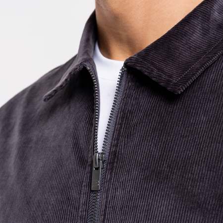 Bee Inspired Milner Cord Jacket in Gunmetal, cord jacket with a 2-way zip and embroidered script branding, close-up