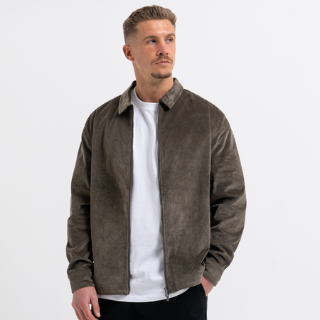 Bee Inspired Milner Cord Jacket in Olive, cord jacket with a 2-way zip and embroidered script branding, front view