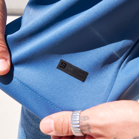 Bee Inspired Morata T-Shirt in Blue, relaxed fit tee in neoprene fabric, close-up
