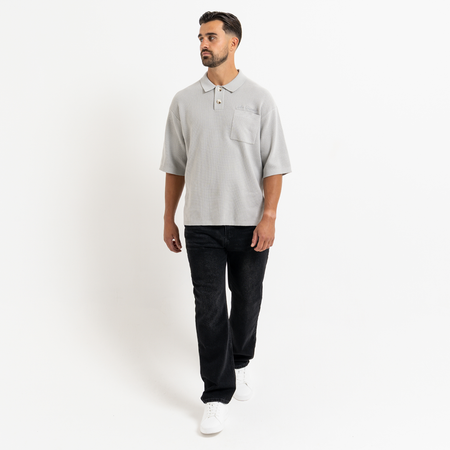 Bee Inspired Nazario Polo in Light Grey, premium knit polo with subtle embroidered detailing, styled shot